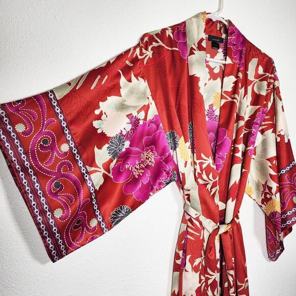 Natori Auburn Floral Robe Satin Red Orange Print Pockets Tie Waist Kimono Size S - Picture 5 of 8